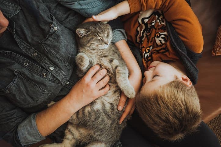 Une mère et son fils qui caline un chat